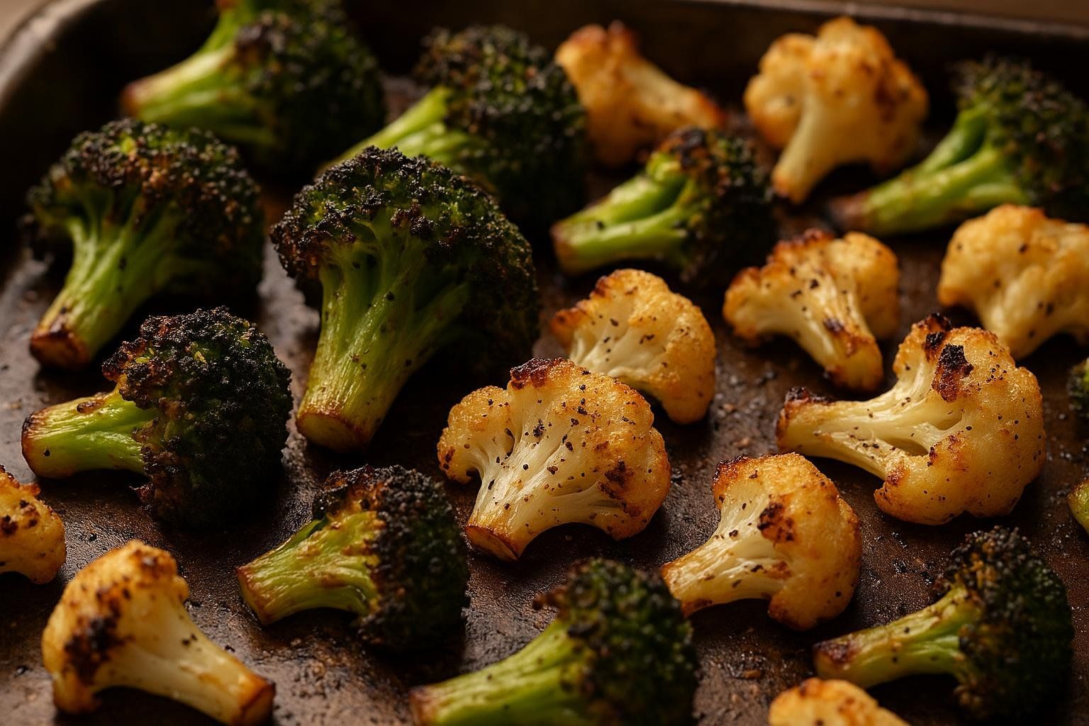 Close-up of roasted broccoli and cauliflower florets with visible browning and seasoning on a dark sheet pan.