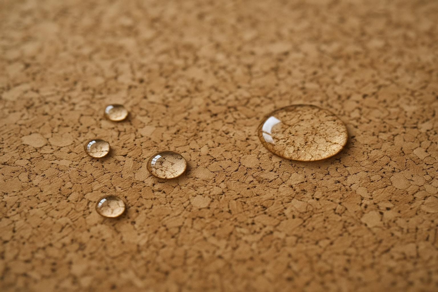 Close-up photo of a cork surface, likely a mat, with five distinct water droplets of various sizes on its textured, brown surface. The largest droplet is to the right, and the others are smaller and to the left, demonstrating the material's water-resistant properties.