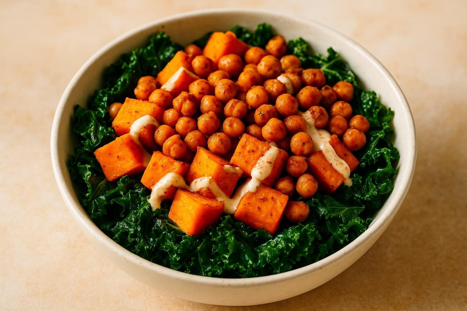 A colorful vegan lunch bowl featuring roasted chickpeas, diced sweet potato, and fresh kale, lightly drizzled with tahini sauce.