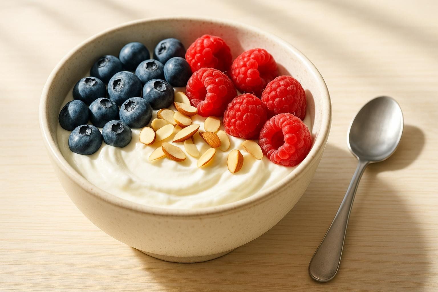 A close-up of a bowl of creamy white yogurt topped with fresh blueberries, red raspberries, and thinly sliced almonds, next to a silver spoon on a light wooden surface.