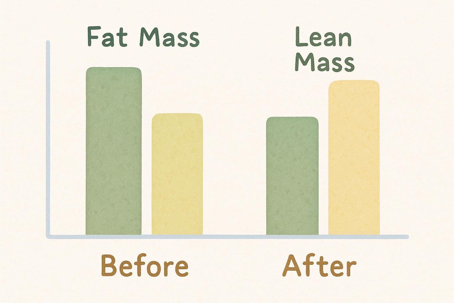 A simple bar chart showing fat mass decreasing and lean mass increasing after a program. Green bars represent fat mass, and yellow bars represent lean mass. Two sets of bars are shown, labeled 'Before' and 'After'.