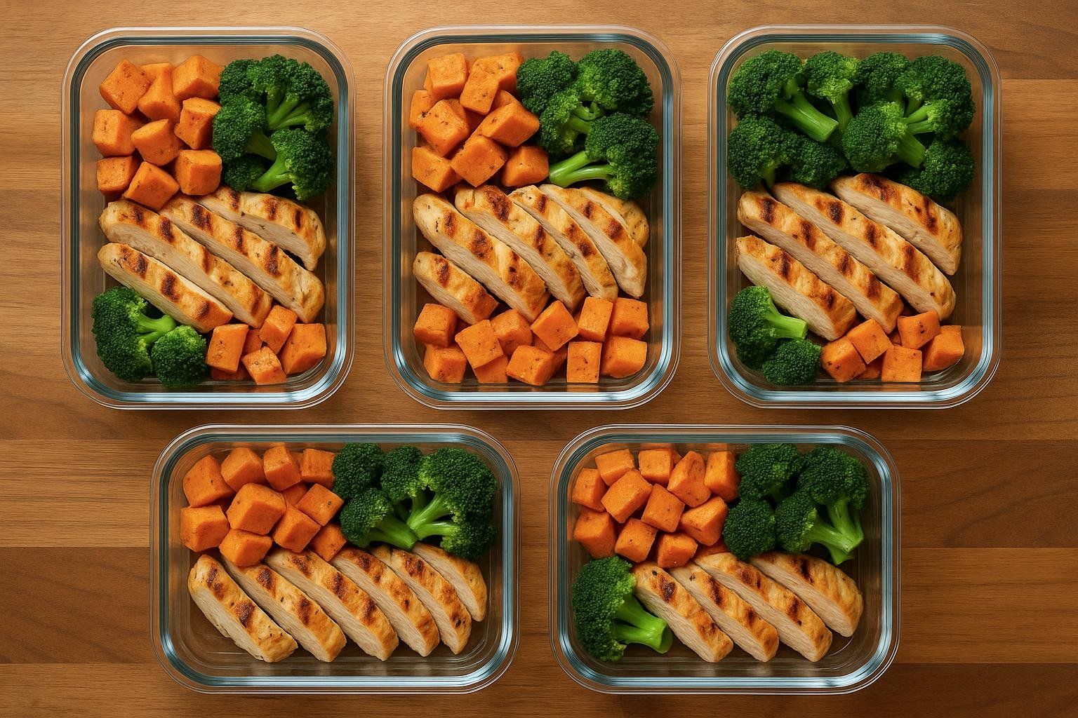 Five clear glass meal prep containers arranged on a wooden table, each filled with neatly arranged slices of cooked chicken breast, steamed broccoli florets, and cubed sweet potatoes. The view is from directly above, highlighting the organized and healthy portions.