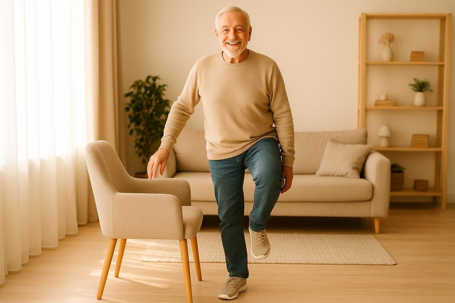 A smiling senior man with gray hair and a beard practices a one-leg balance exercise at home, gently resting a hand on a chair for support. He is wearing a beige sweater and blue jeans.