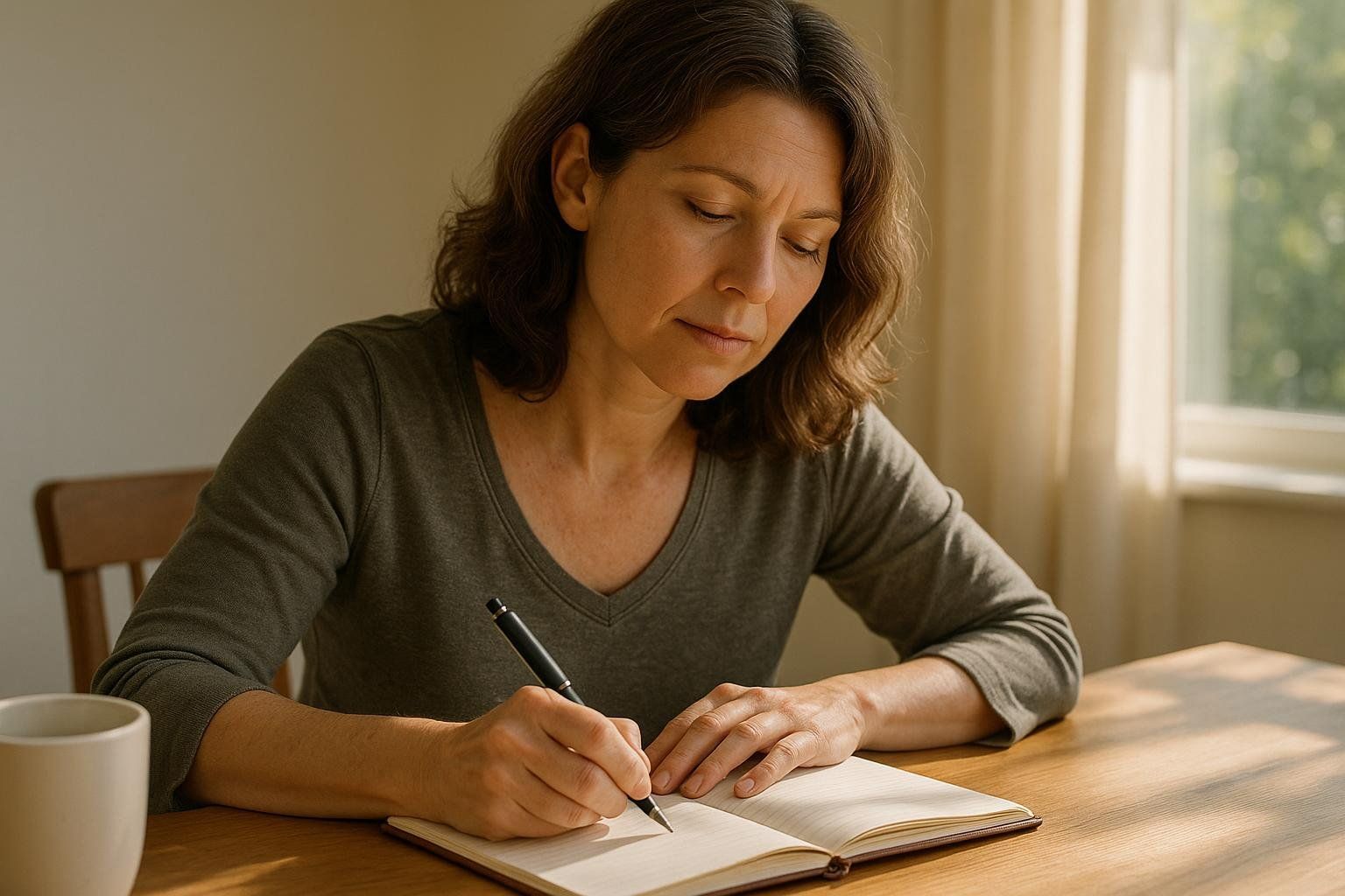 A middle-aged woman with brown wavy hair, wearing a long-sleeved gray top, calmly writes in a journal with a pen on a wooden table. Sunlight streams from a window on the right, illuminating her and the table. A white mug is visible on the left.