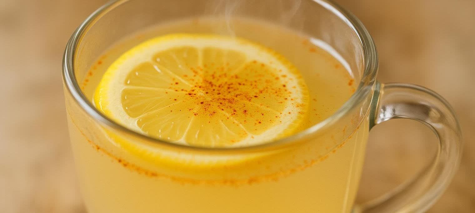 A close-up photo of a warm mug of lemon cayenne water, with a wisp of steam rising from it.