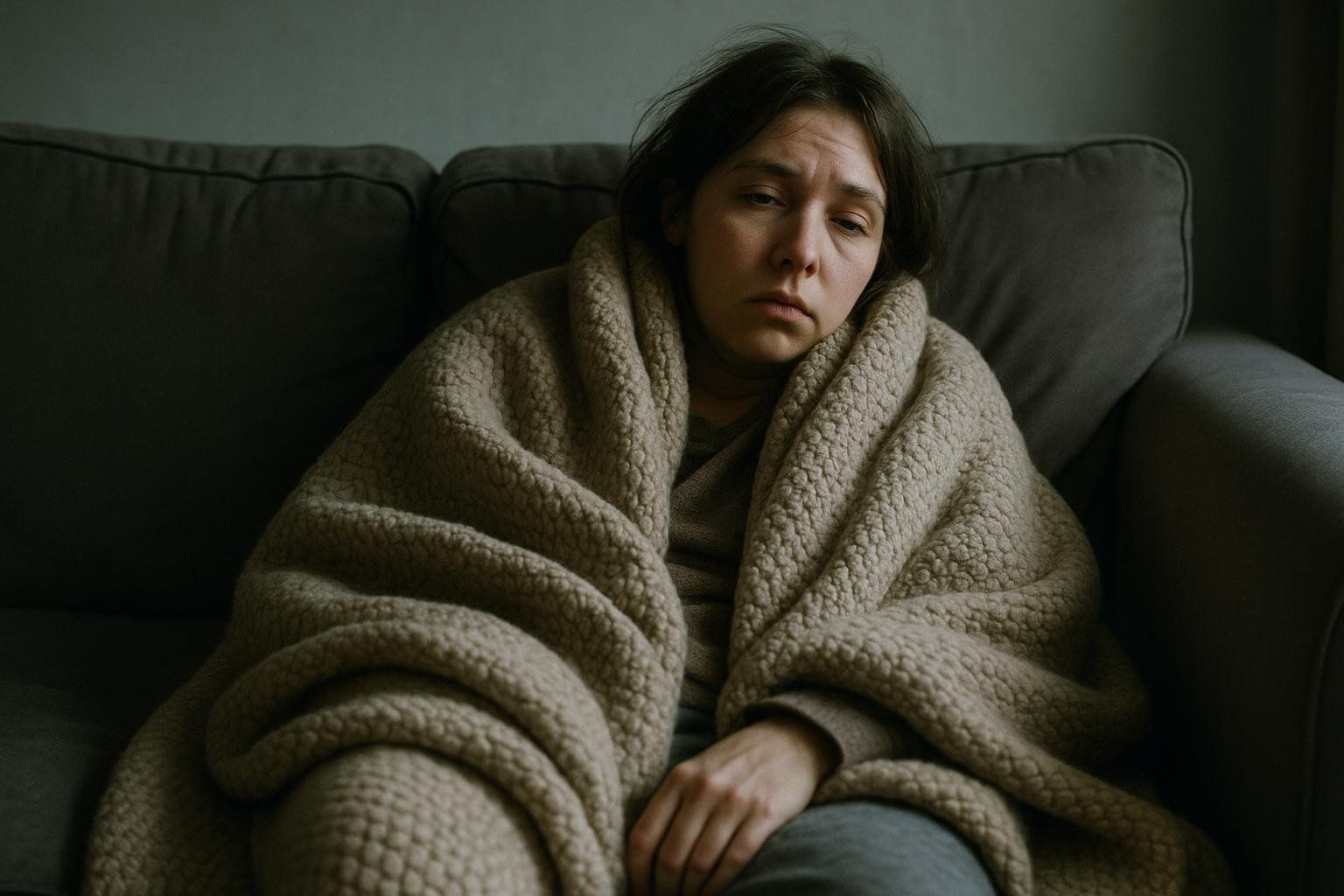 A woman with short dark hair, wrapped in a beige textured blanket, sits on a dark gray couch with a weary expression. Her eyes appear tired, and she stares directly forward, suggesting fatigue, illness, or discomfort.