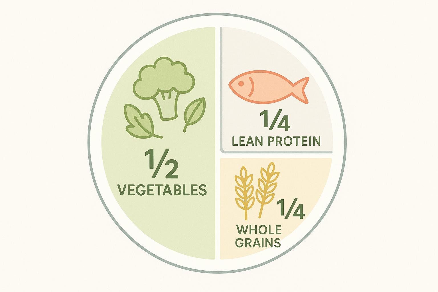 An illustration of the plate method, showing a plate divided into one-half vegetables, one-quarter lean protein, and one-quarter whole grains, with icons for each food group.