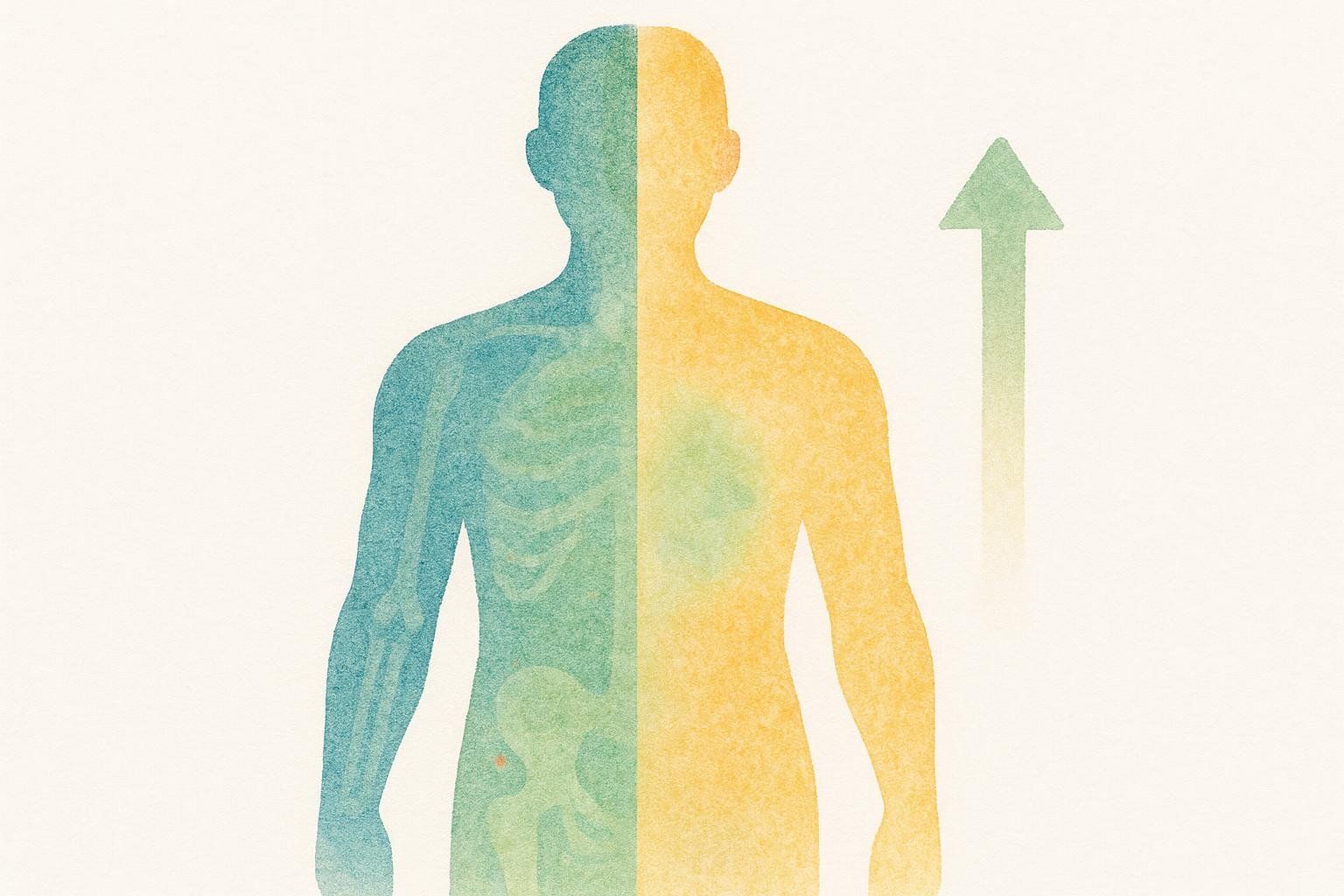 Abstract human silhouette, split down the middle with the left side showing a blue, skeleton-like structure and the right side a yellow, fleshy structure. A green arrow pointing upwards is to the right.