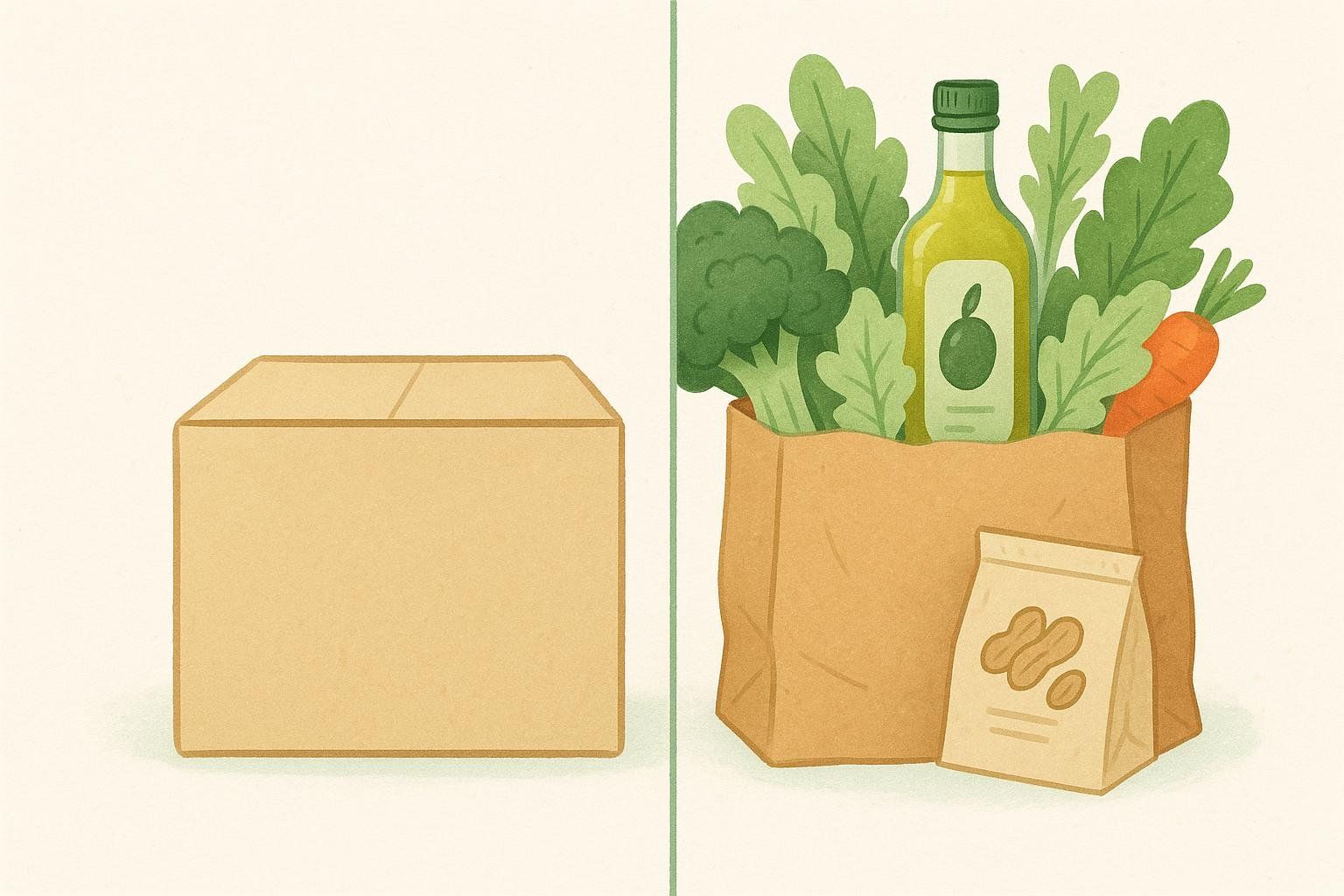 An illustration comparing a plain cardboard box, representing a generic FMD kit, with a brown paper bag overflowing with fresh groceries like broccoli, lettuce, carrots, and a bottle of olive oil, representing a do-it-yourself approach to fasting-mimicking diet.
