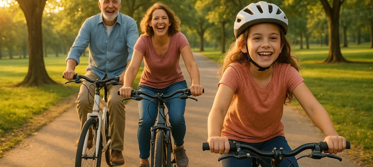A multi-generational family enjoys a bike ride together in a park, illustrating health and vitality at every age. The image features a young girl in the foreground wearing a helmet and laughing, a woman in the middle laughing, and a man smiling in the background, all riding bicycles on a paved path surrounded by green grass and trees with sunlight peeking through.