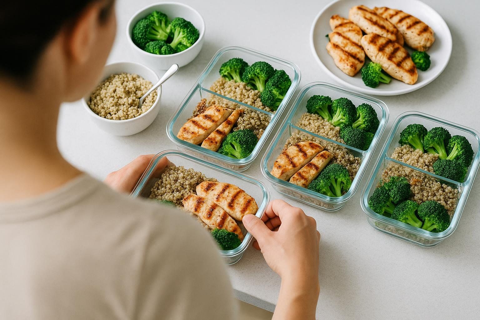 A person from behind is placing a meal prep container, filled with grilled chicken, quinoa, and broccoli, among three other similar containers on a white surface. Other bowls of ingredients are visible in the background.