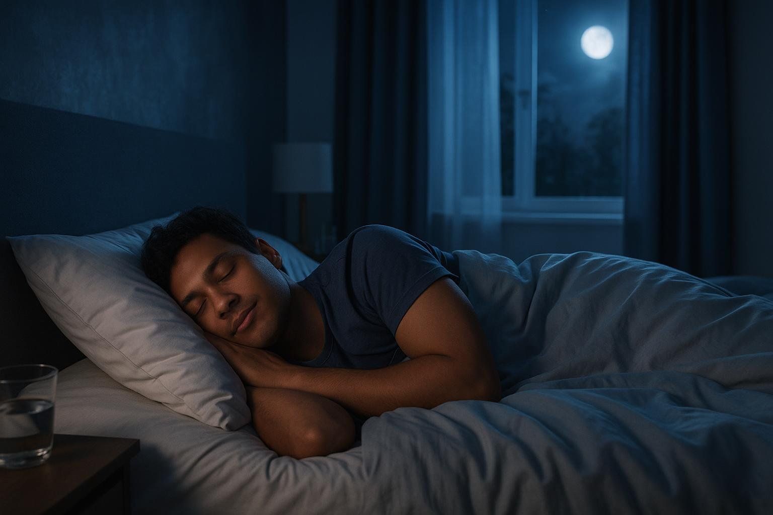 A person sleeping soundly in a dark, calm room, highlighting the role of sleep in managing food noise.