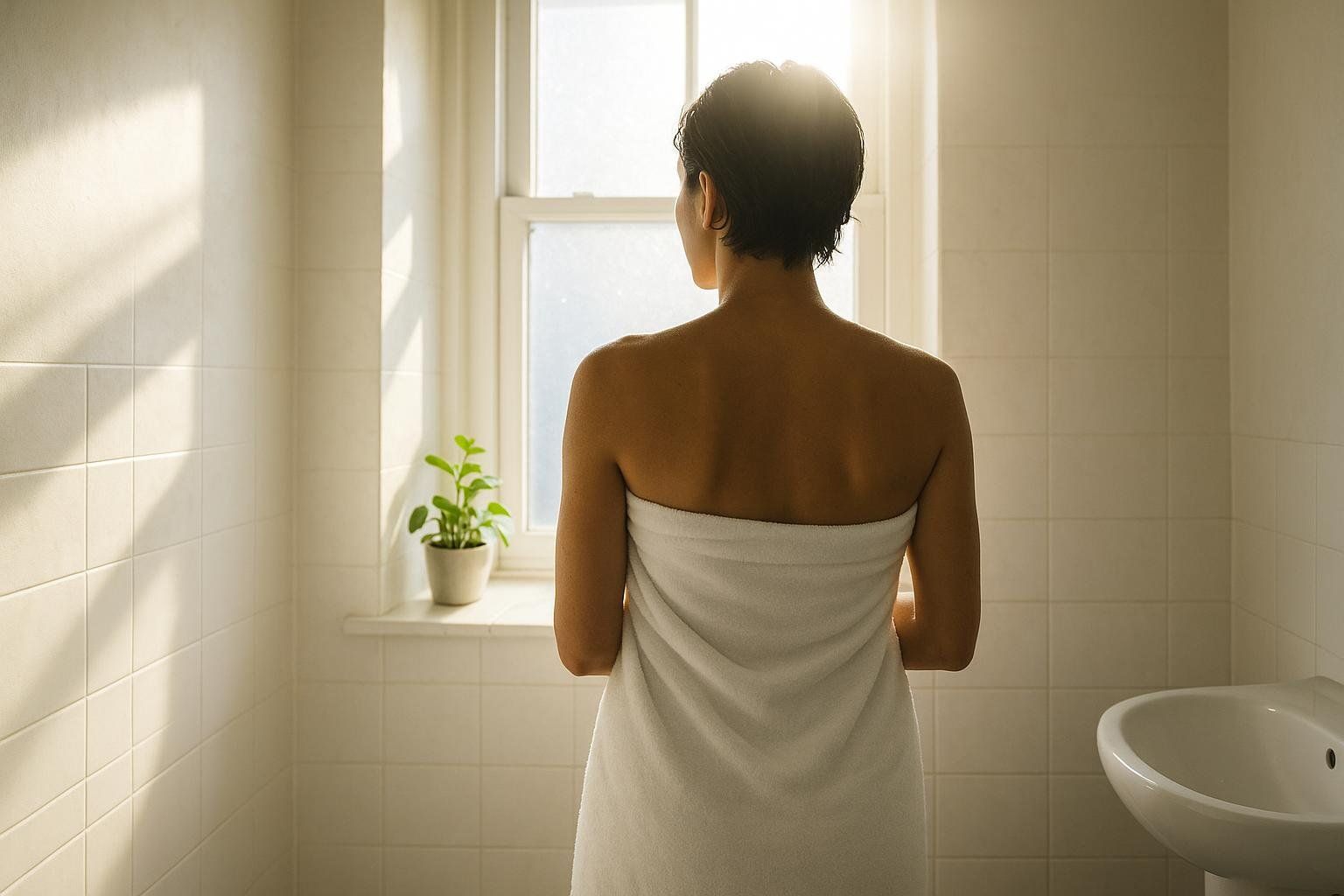 A woman with short hair, wrapped in a white towel, stands facing away from the camera and looks out a bright window in a bathroom. Sunlight streams through the window, illuminating her and casting shadows in the tiled room. A small potted plant is on the windowsill to her left, and a white sink is visible to her right.