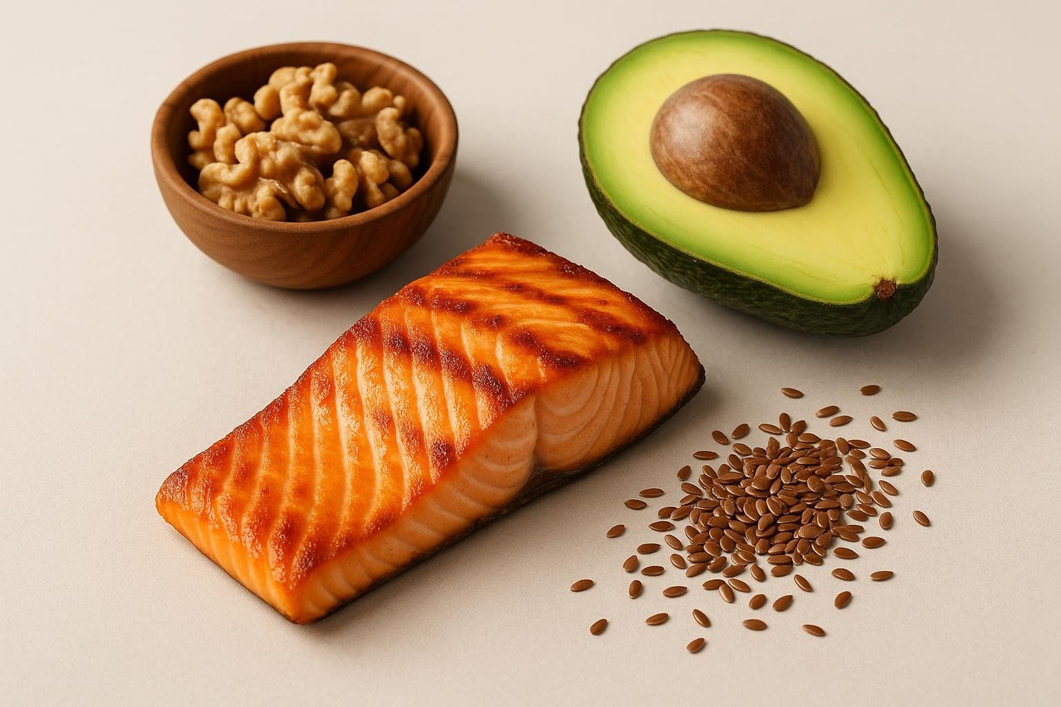 A flat lay composition of healthy fat sources including a grilled salmon fillet, a bowl of walnuts, a halved avocado with its pit, and a pile of flaxseeds, all arranged on a light background. These foods are excellent for lowering triglycerides.