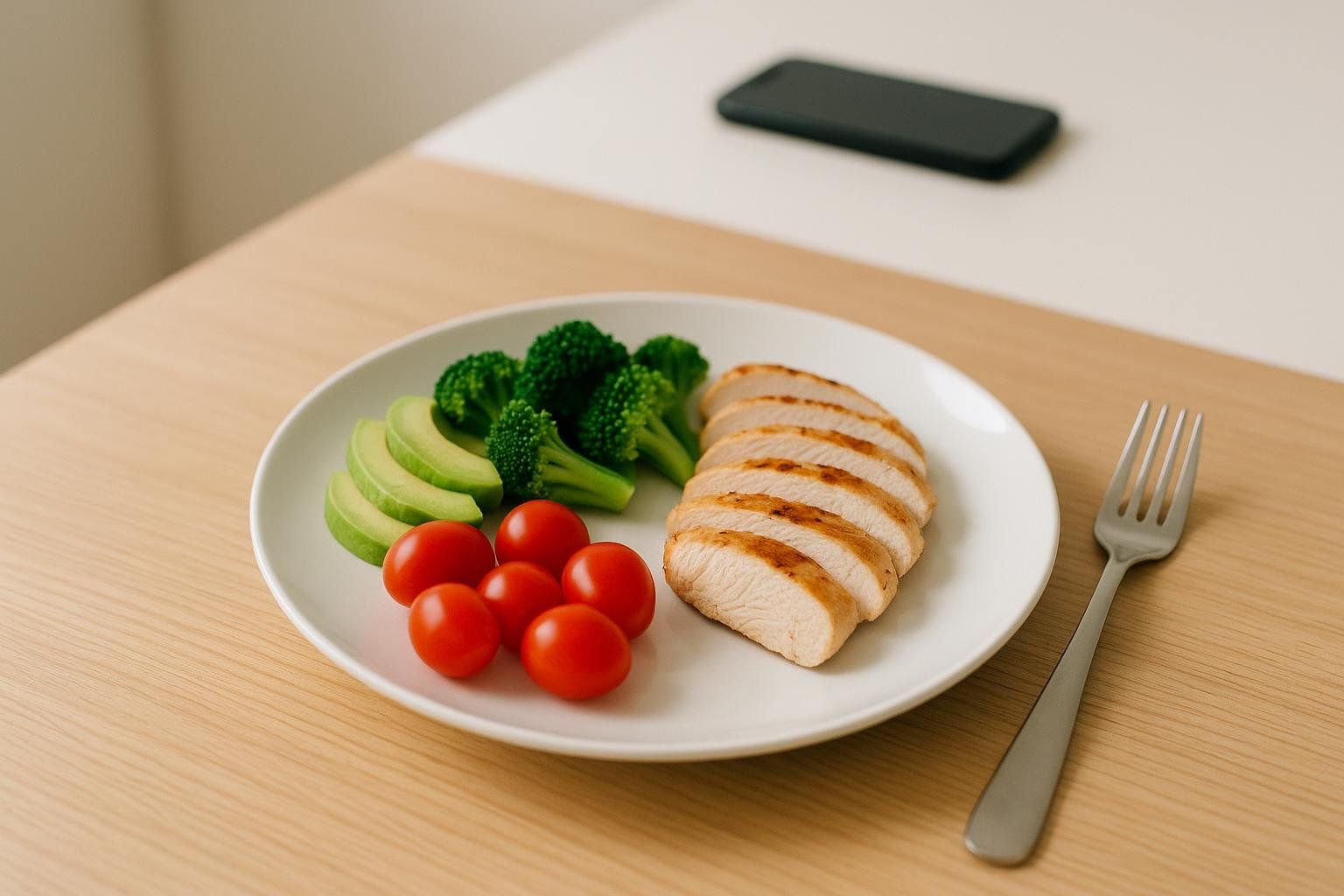 A white plate with sliced grilled chicken breast, fresh avocado slices, steamed broccoli florets, and cherry tomatoes on a light wooden table. A fork is placed next to the plate, and a blurred smartphone is in the background.