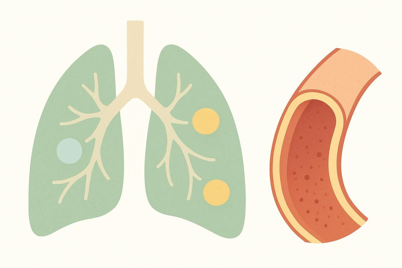 Stylized illustration of lungs with nodules and calcification, and a blood vessel with deposits, representing CT's diagnostic abilities.