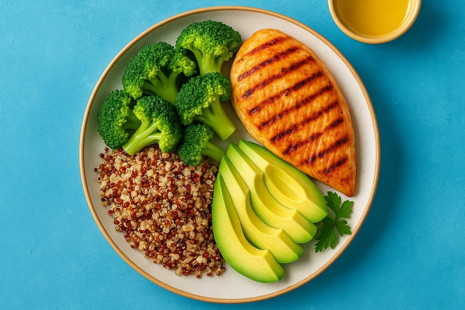 A colorful, balanced meal featuring grilled chicken breast, quinoa, broccoli florets, and sliced avocado, neatly arranged on a plate against a blue background.