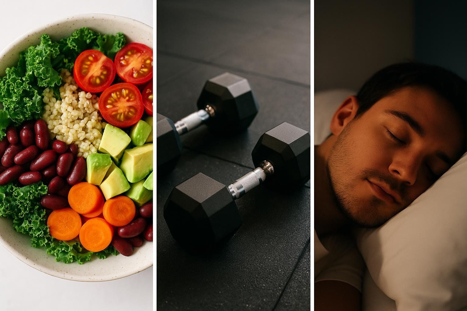 A triptych of images showing a healthy meal, dumbbells, and a person sleeping, representing the smarter alternatives for fat loss: nutrition, training, and sleep.