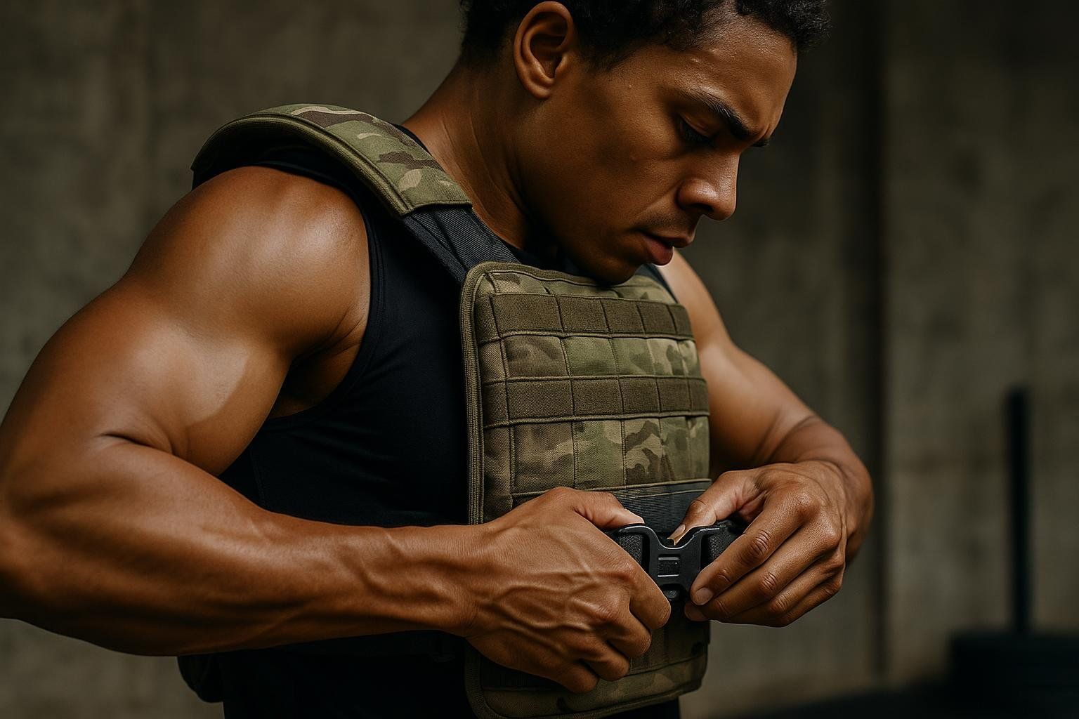 An athlete wearing a black tank top and camouflaged weighted vest is focused as he fastens the vest across his stomach. His muscular left arm and shoulder are visible.