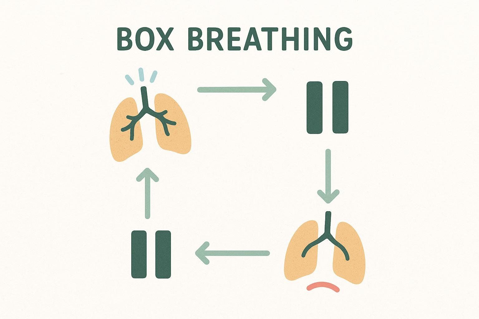A graphic illustrating box breathing, showing icons for inhaling into lungs, pausing, exhaling from lungs, and pausing again, arranged in a square with arrows indicating the flow.