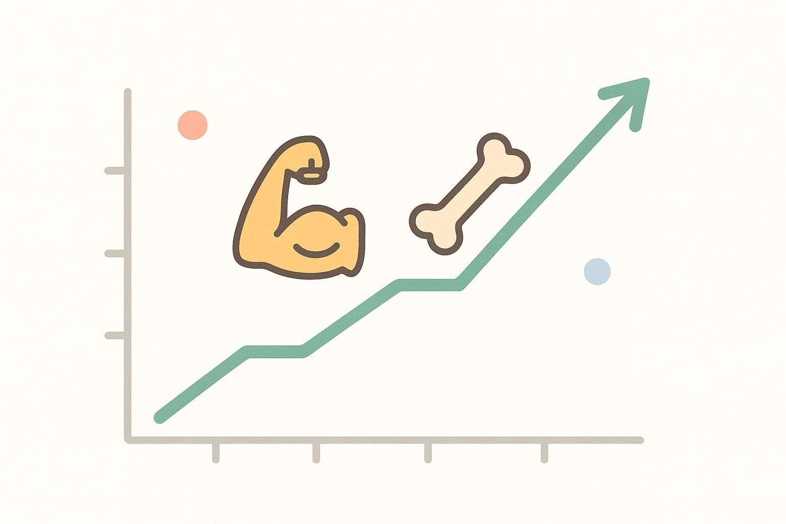 An illustration of an upward-trending line graph with a stylized bicep muscle and a bone icon placed along the line, signifying improved health, muscle growth, or bone density.
