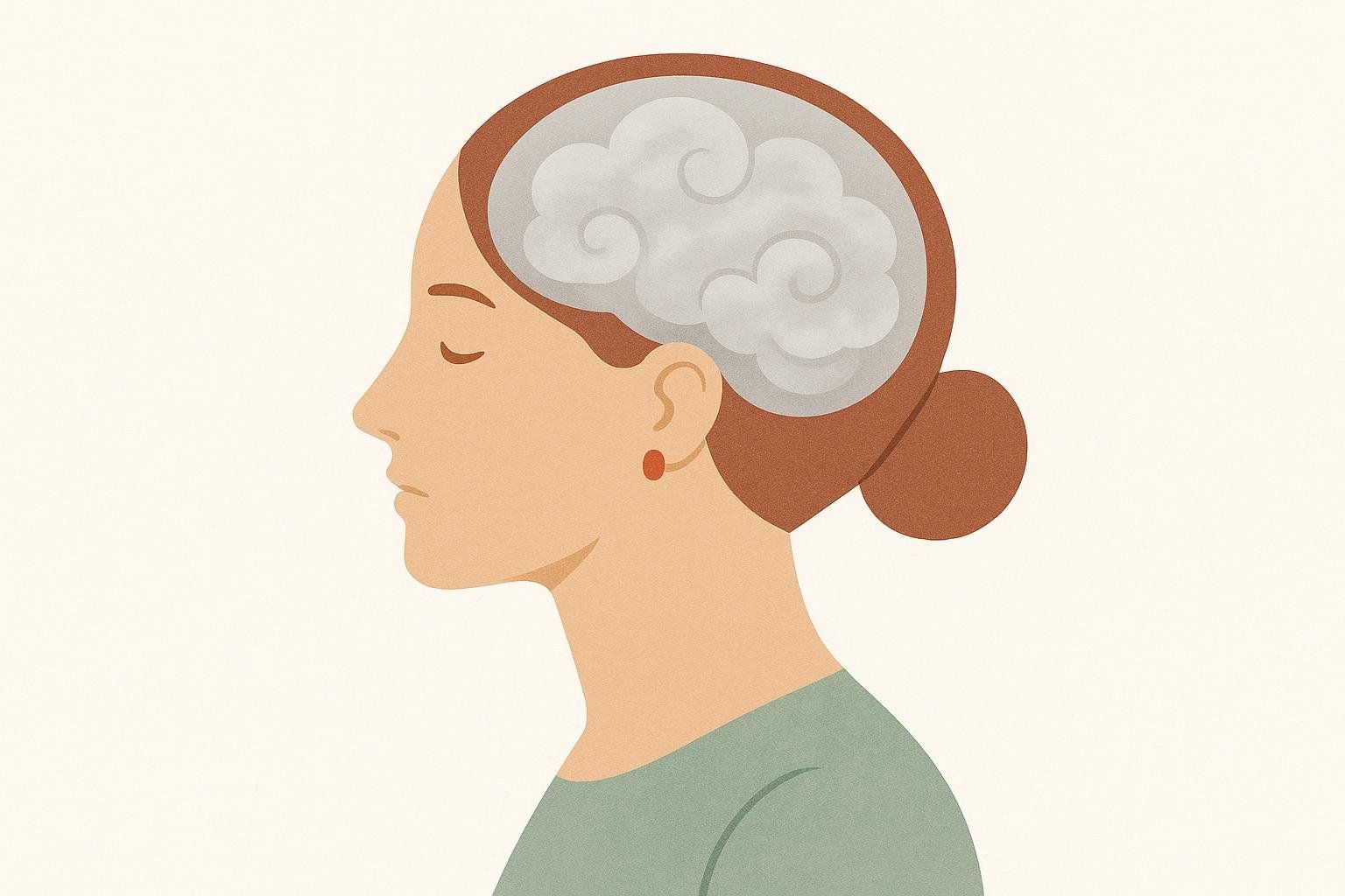 An illustration from the side depicts a woman's head with a cloud inside her brain area, symbolizing the experience of brain fog, often associated with perimenopause.