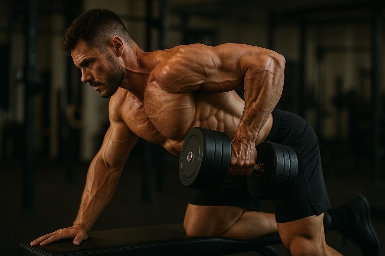 An athlete performing a dumbbell row, highlighting the back muscles to represent the concept of training volume.