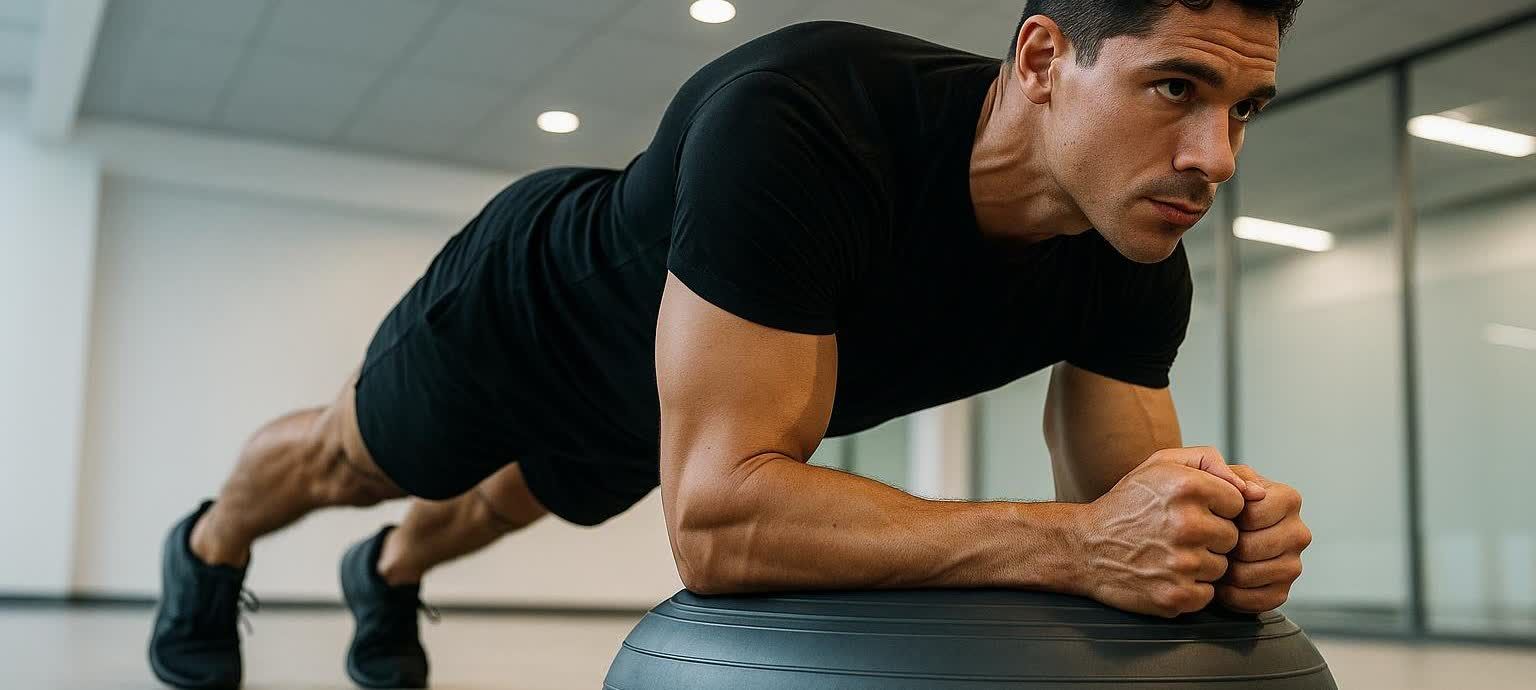 Low-angle view of a man with defined muscles performing a forearm plank on a half-sphere balance trainer, specifically a BOSU ball, in a well-lit gym.