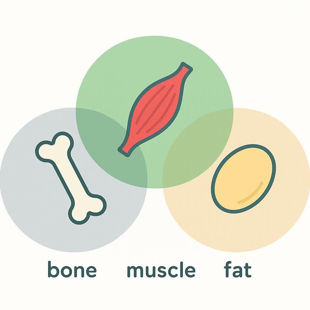 An illustration with three overlapping circles and icons representing bone, muscle, and fat, used in body composition analysis.