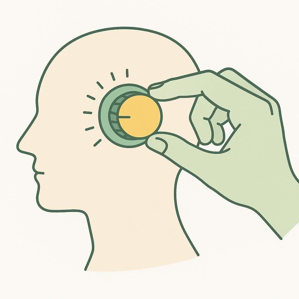 A minimalist icon showing a hand turning down the 'noise' volume on a human head, representing the idea of quieting food thoughts.