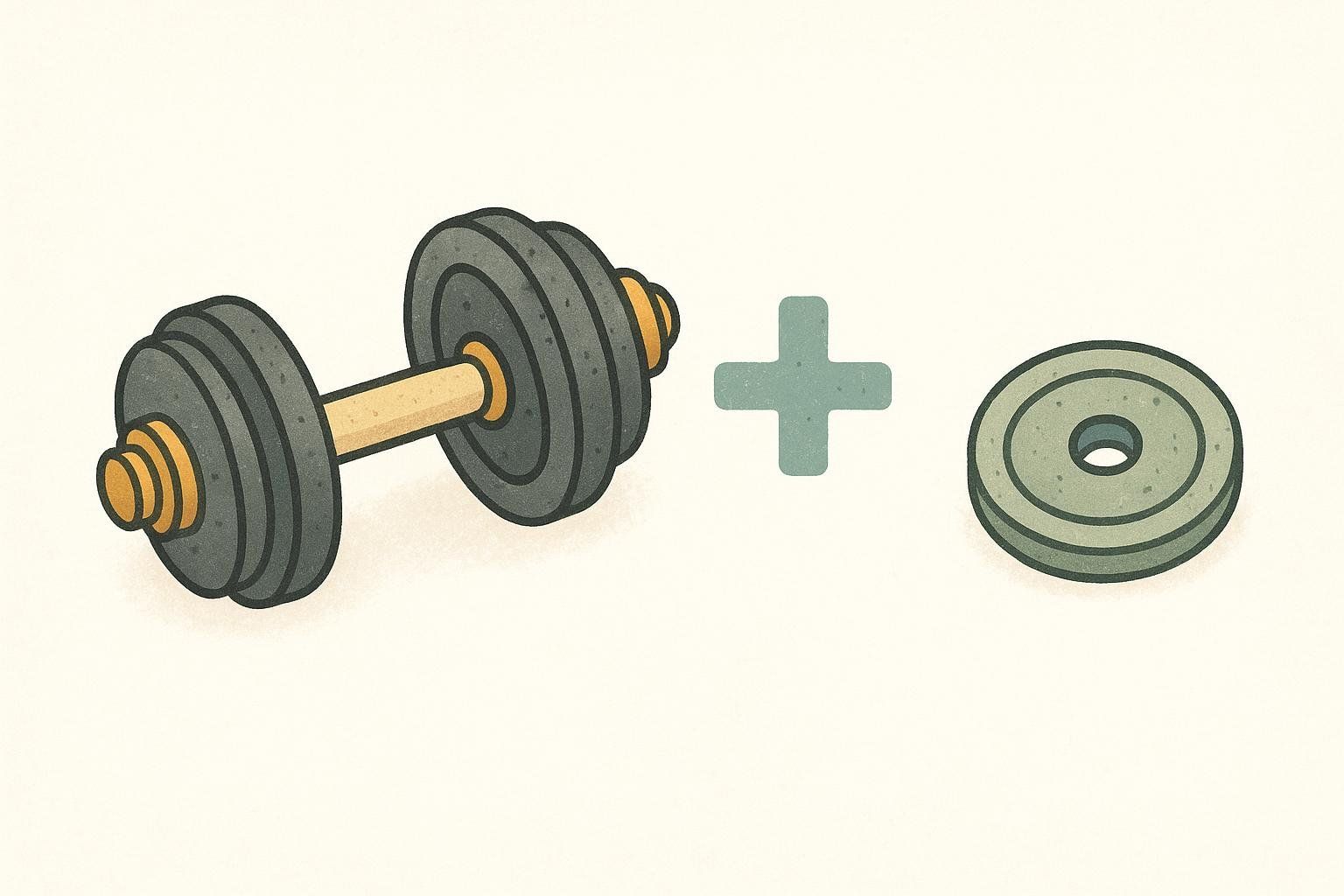 An illustration of a gray dumbbell with a tan bar, next to a teal plus sign, next to a small gray weight plate. This represents the concept of progressive overload in fitness.