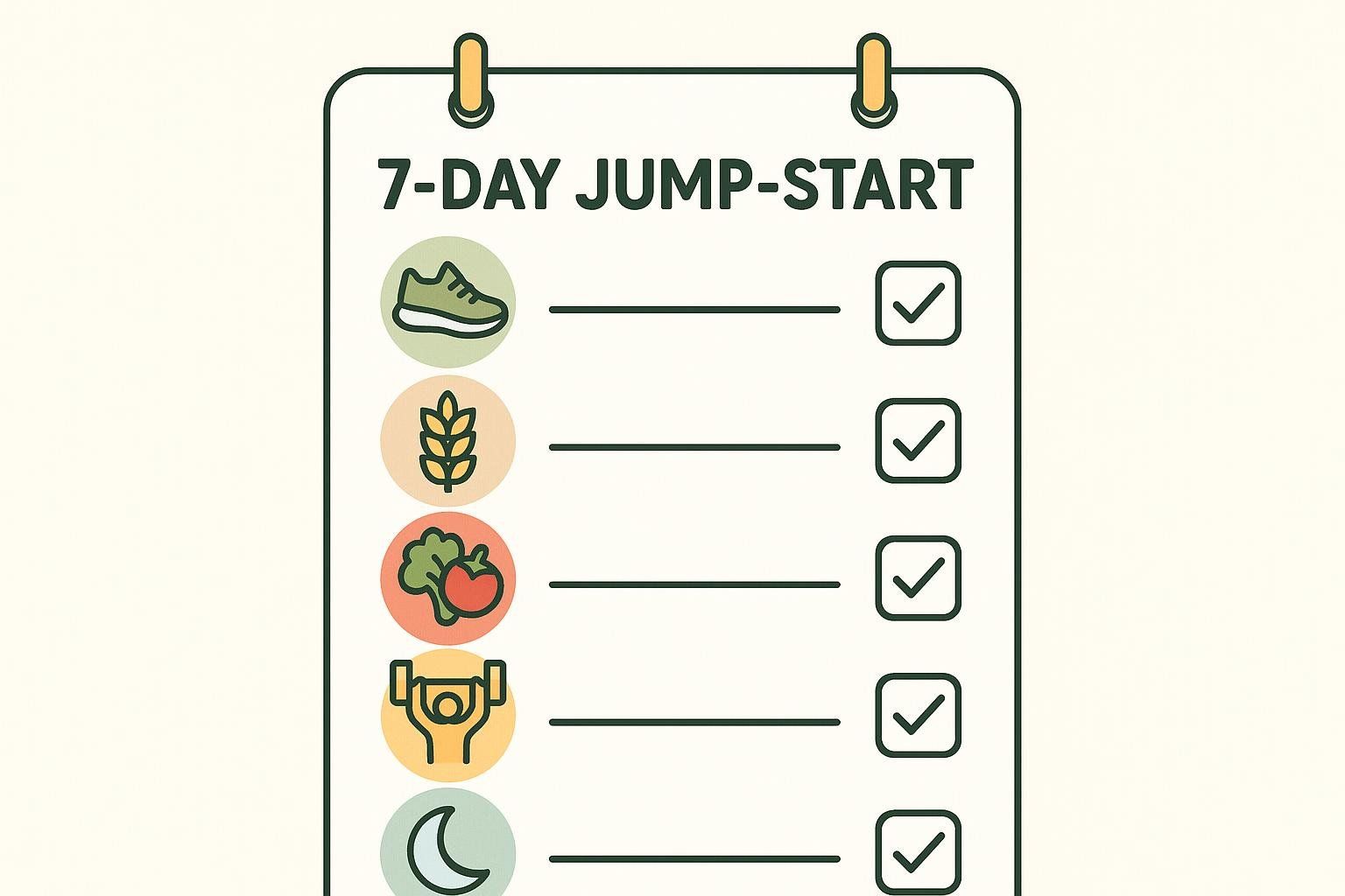 Illustrated checklist with icons for healthy actions like walking, eating well, strength training, sleep, and social connection.