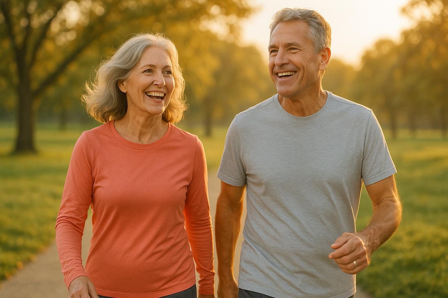 A healthy, active older couple enjoying a walk, representing the demographic that benefits most from collagen.