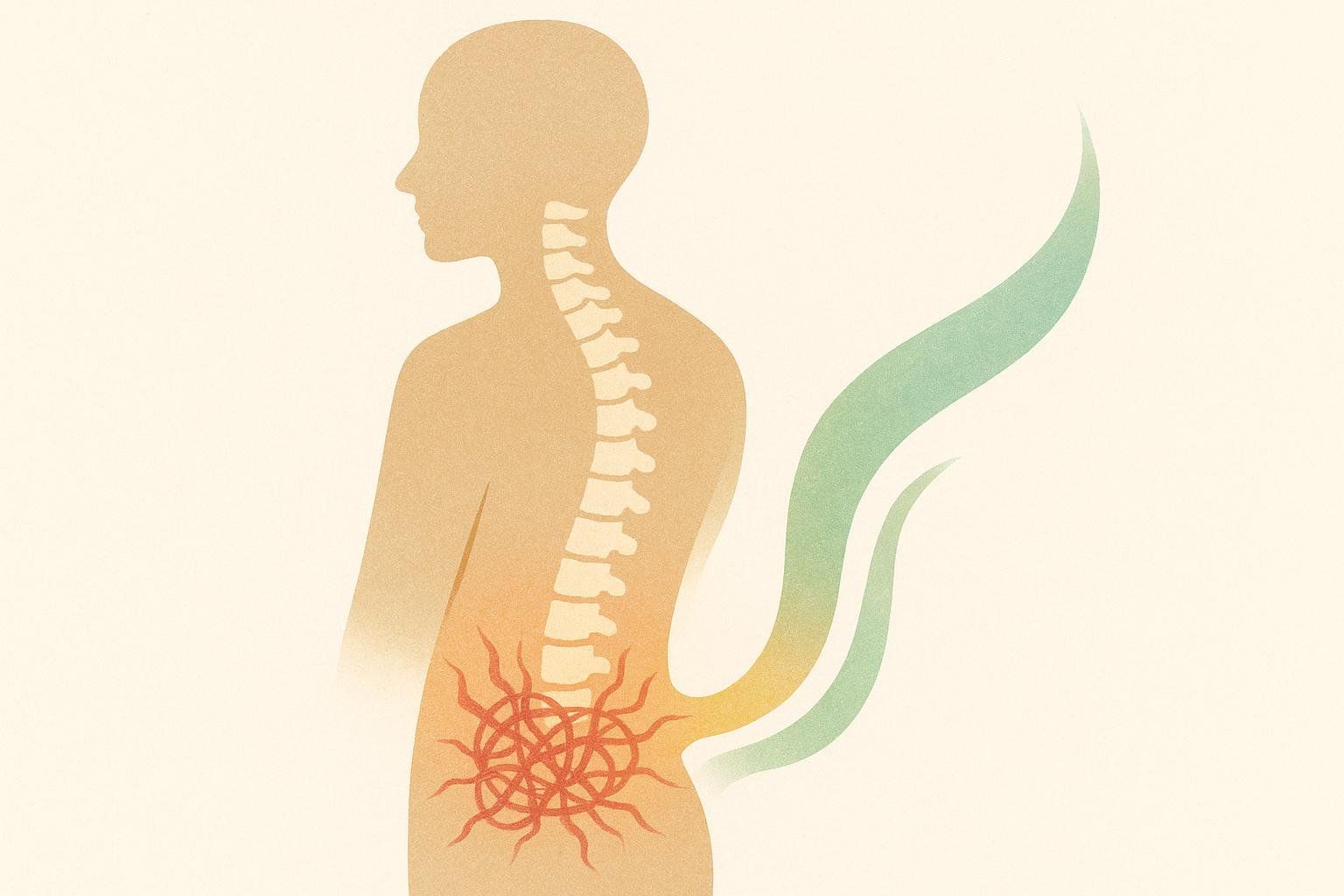 Illustration showing a human silhouette with an agitated, red, tangled mass in the lower back, symbolizing pain, dissipating into soothing green waves, representing pain relief and relaxation.