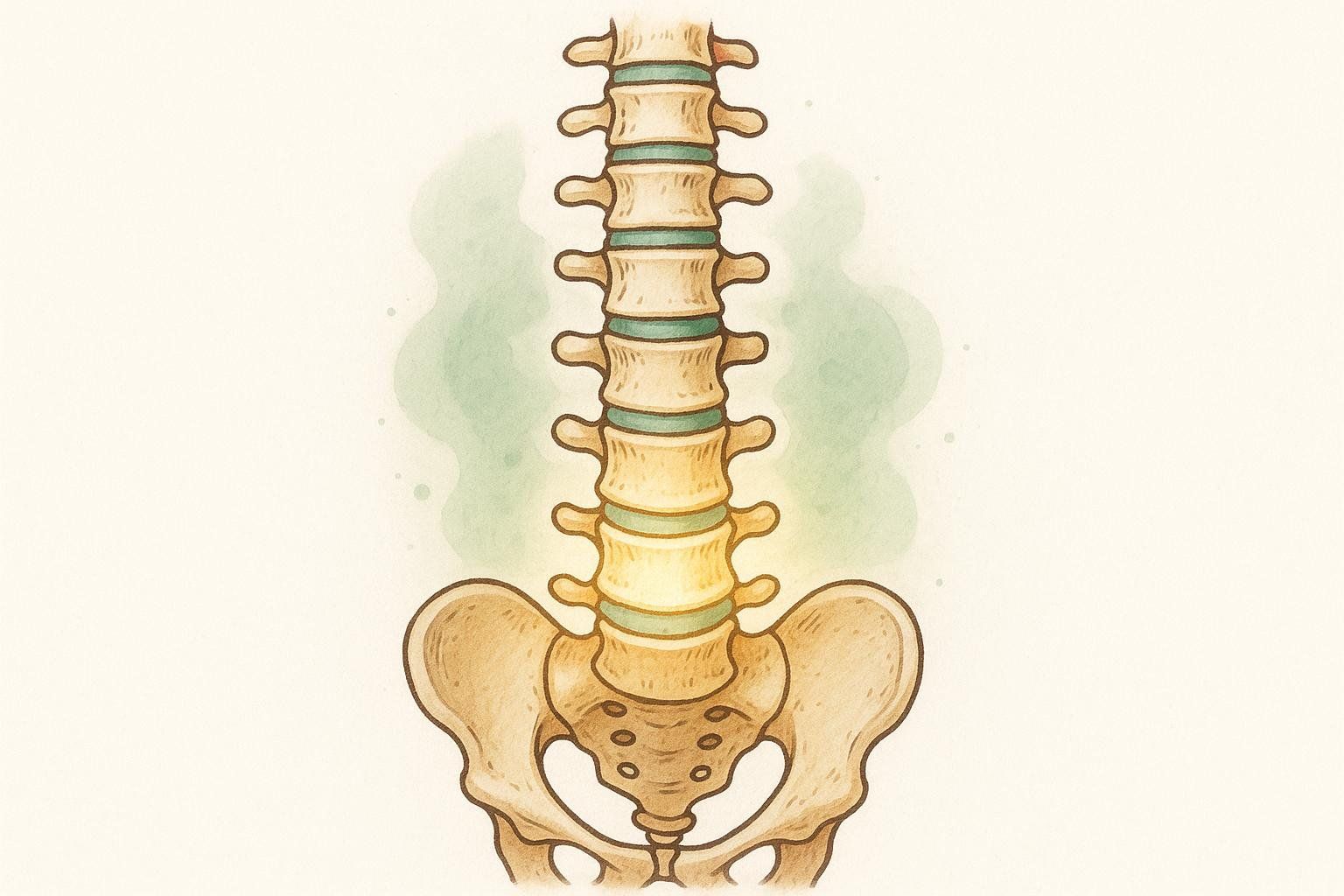 An illustration of the human lumbar spine and pelvic bones, with the lower lumbar vertebrae highlighted in yellow to indicate the area potentially affected by vibration for bone health.