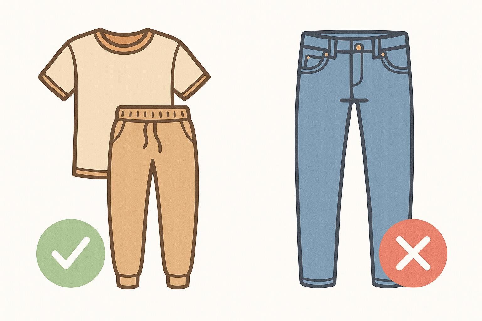 Illustration showing appropriate clothing (sweats, green checkmark) and inappropriate clothing (jeans, red x) for a scan.