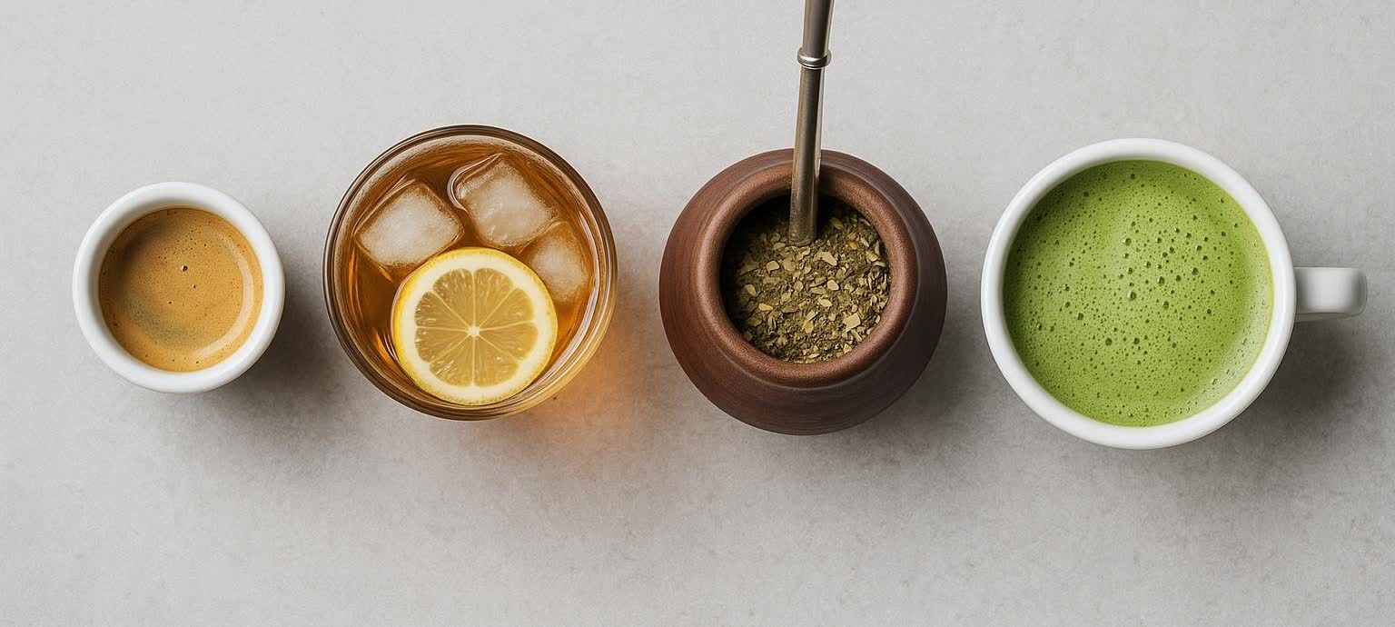 A top-down view of four different caffeinated drinks arranged horizontally: an espresso shot, an iced tea with lemon and ice, a yerba mate in a traditional gourd with a metal straw, and a vibrant green matcha latte.