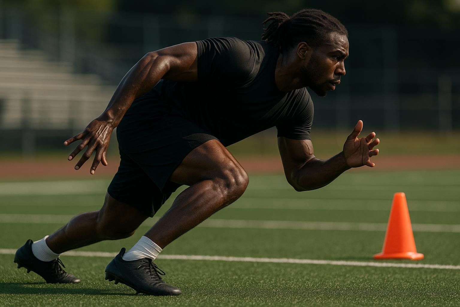 A male athlete in black athletic wear is captured mid-stride during a sprint on a green turf field, with an orange cone visible in the foreground.