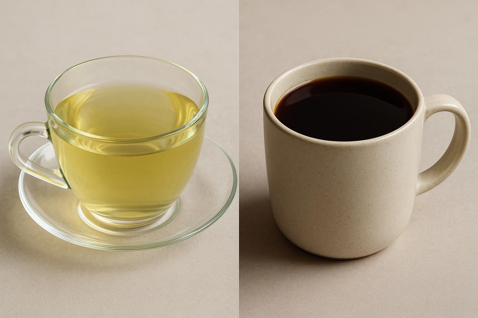 A side-by-side comparison of a clear glass cup of light green tea and an opaque beige mug of dark black coffee, illustrating their different colors.