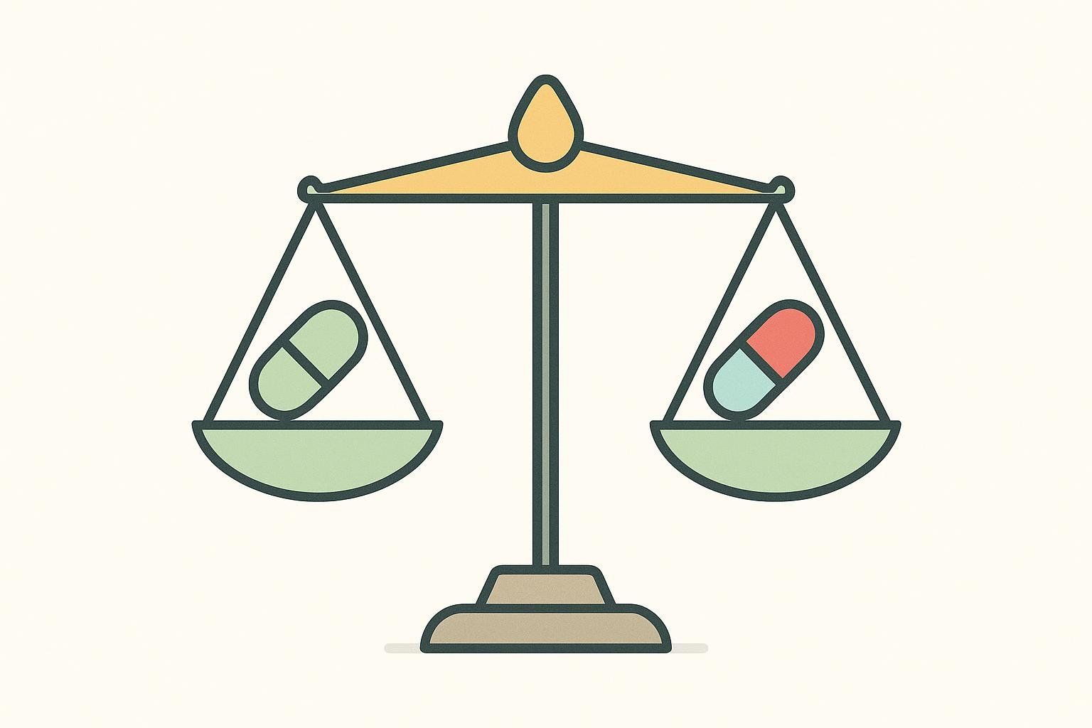 An illustration of a balanced scale with a green pill on the left and a red and light blue pill on the right, symbolizing their similar effectiveness.