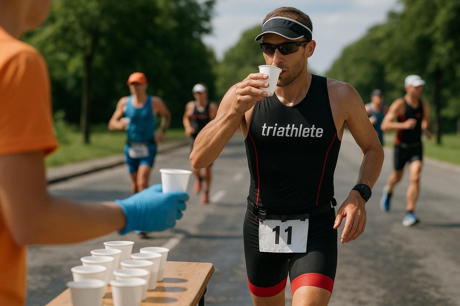 A triathlete in a black and red kit with bib number 11 drinks from a cup at an aid station during a race. A volunteer in an orange shirt and blue gloves offers more water cups on a table.
