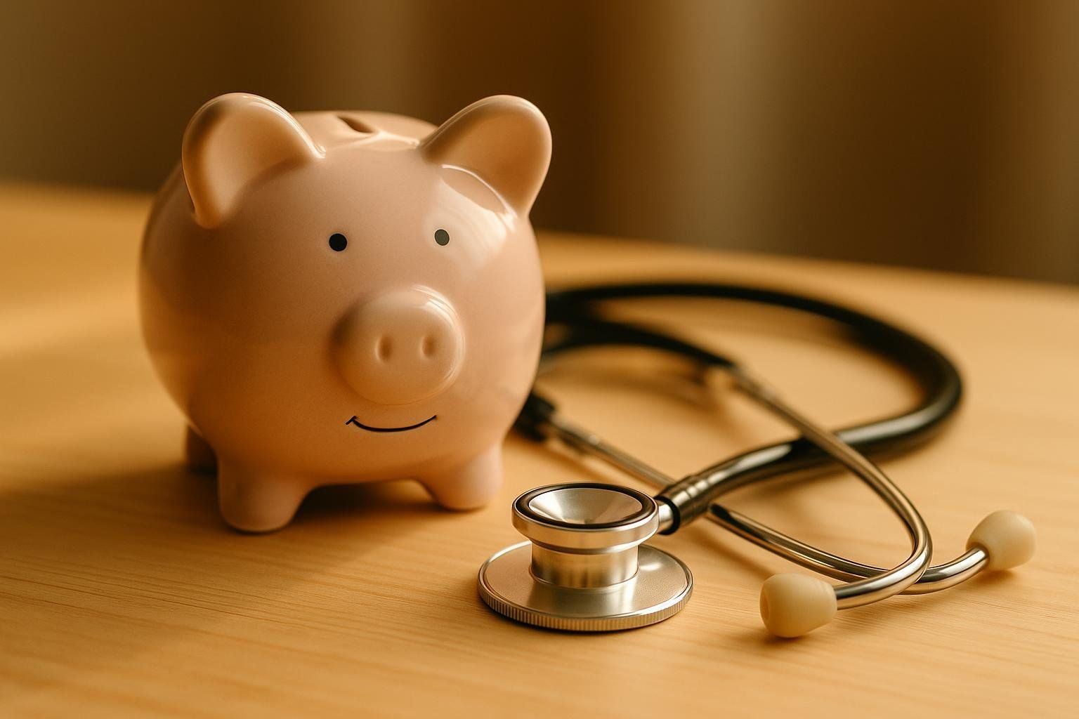 A light pink ceramic piggy bank with a smiling mouth and a black stethoscope lie side-by-side on a light brown wooden surface. The image symbolizes the concept of healthcare costs and the importance of health savings.