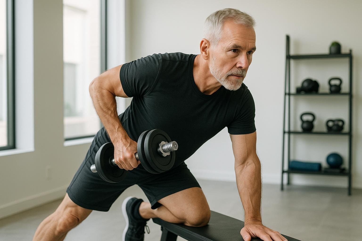 A fit older man with gray hair and a beard, wearing a black t-shirt and shorts, is performing a dumbbell row with a single black dumbbell, his right knee on a weight bench. He is focused and determined, illustrating the importance of building muscle for longevity and healthspan.