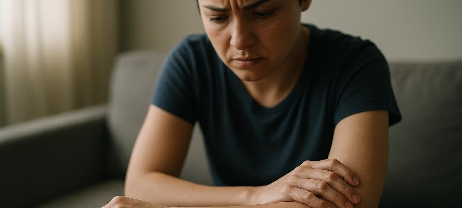 A person with a worried expression looking down at their left arm, with their right hand resting on it. The image suggests discomfort or concern about their arm.