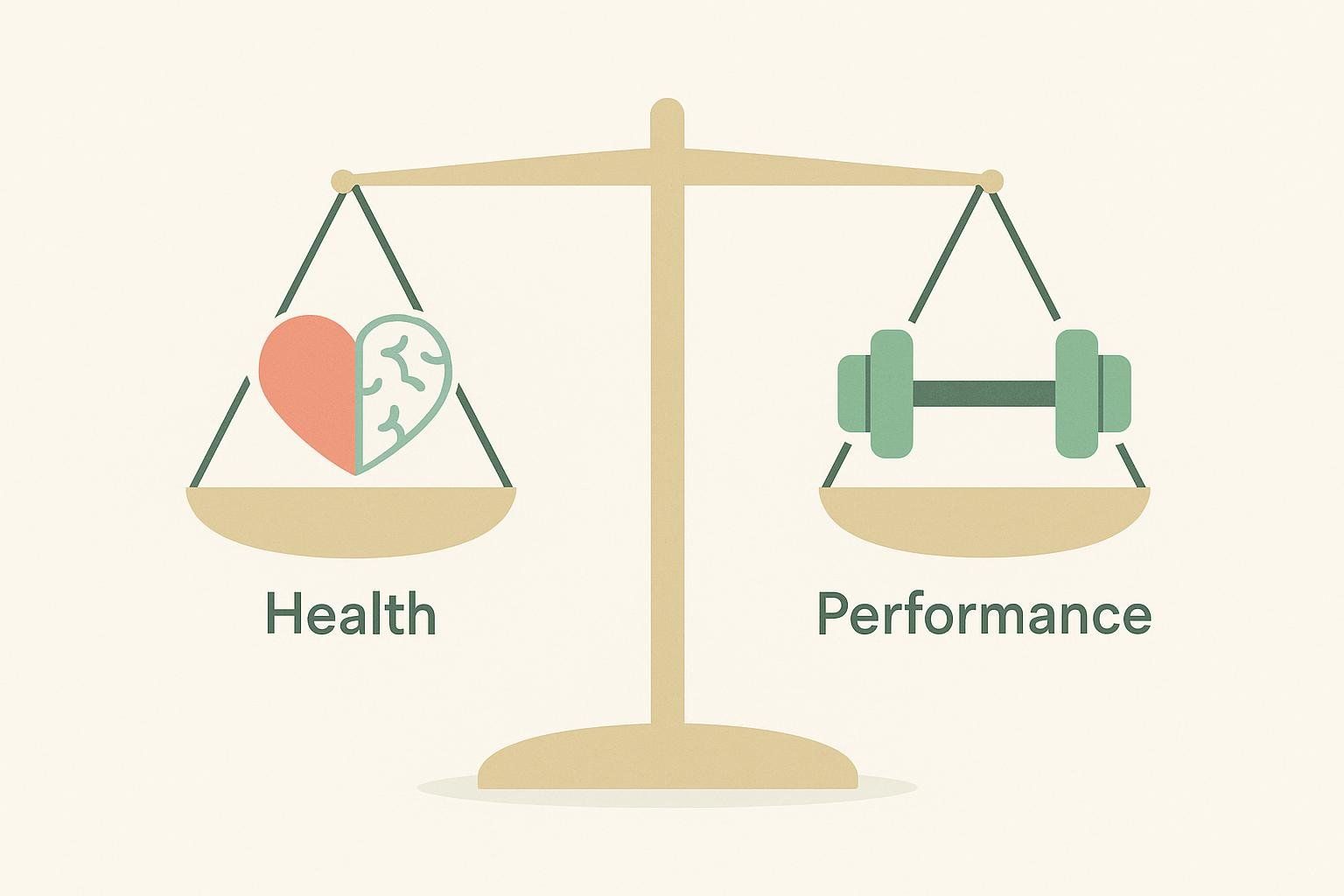 An illustration of a balance scale. On the left, representing 'Health', is an icon combining a heart and a brain. On the right, representing 'Performance', is a dumbbell icon. The scale appears to be balanced, suggesting an equilibrium or consideration between health and performance.