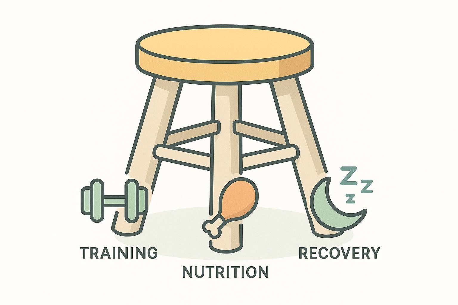 An illustration of a three-legged stool, where each leg represents a pillar of fitness: training (dumbbell icon), nutrition (chicken leg icon), and recovery (crescent moon with z's icon). Text labels under each leg read 'TRAINING', 'NUTRITION', and 'RECOVERY' respectively. The image symbolizes a balanced and holistic approach to fitness.
