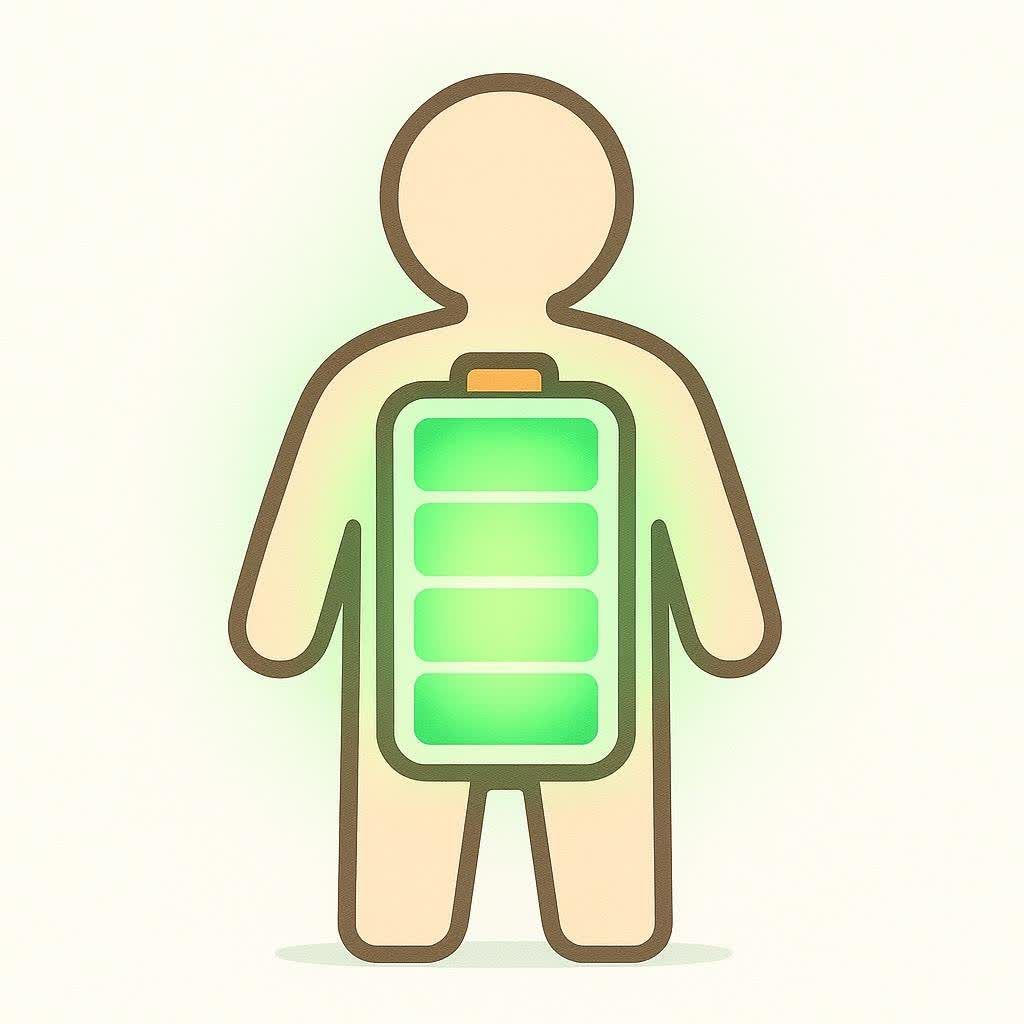 A minimalist illustration of a human figure with a glowing, nearly full green battery icon symbolizing high energy levels.