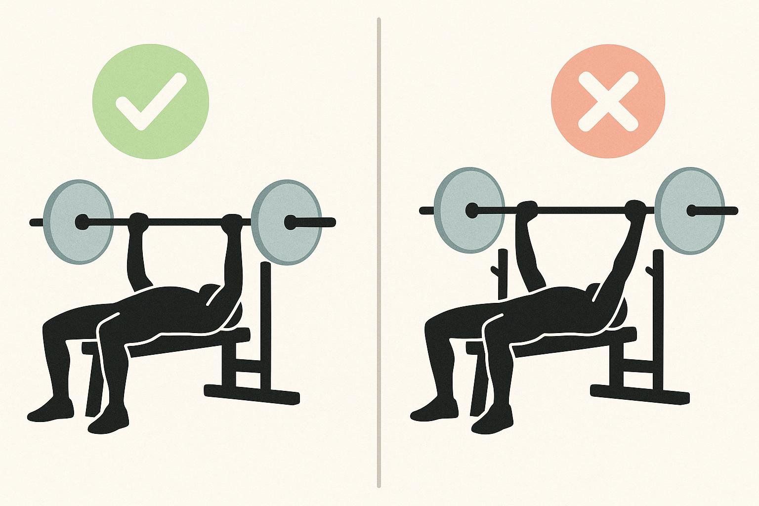 Diagram depicting correct bench press form with tucked elbows and a green checkmark, contrasted with incorrect bench press form showing flared elbows and a red 'X'.