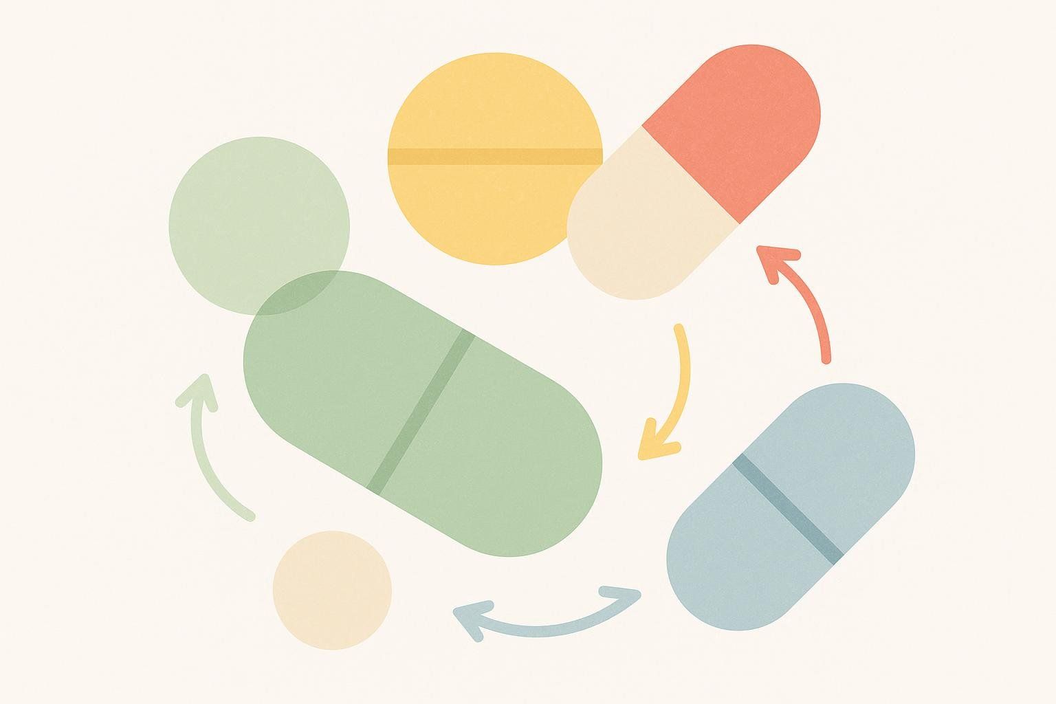 An abstract illustration of overlapping pill shapes with arrows, symbolizing potential drug interactions with Sermorelin.