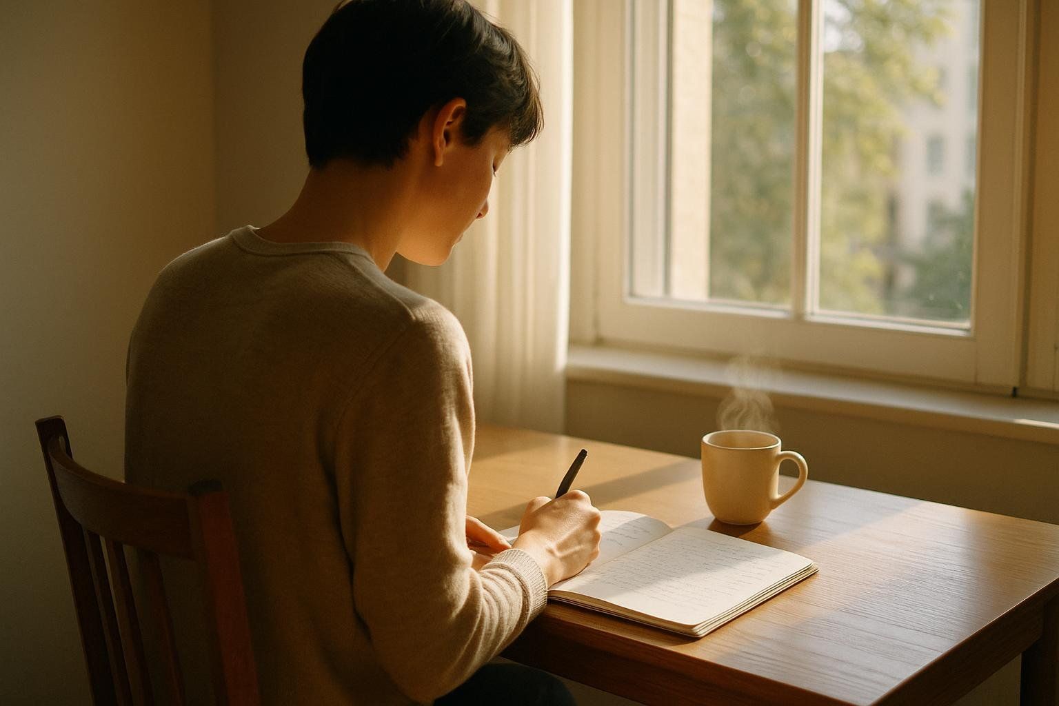A person sits at a wooden desk near a window, writing in a journal. A steaming mug of coffee is next to the journal, and warm morning sunlight streams in through the window.